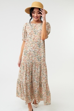 womens brown tiered skirt cuffed sleeve dress